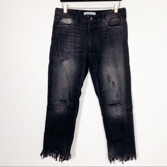 Zara Womens US 6 Distressed Destroyed Mid Rise Cropped Jeans Black Wash - Picture 1 of 11